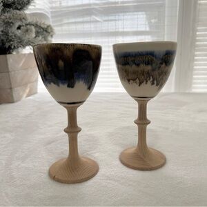 Vintage 70s Fred Evangel Pottery Wine Goblets Color Drip w Wood Base 7” Set of 2